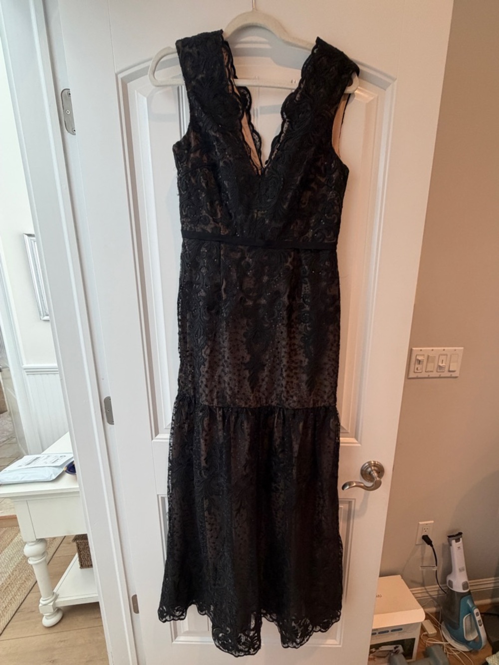 Aidan Mattox Black Lace Deep V Maxi Dress prom formal